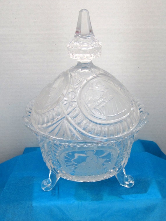 Vintage Three Footed Pressed Glass Lidded Candy Dish c.1950s