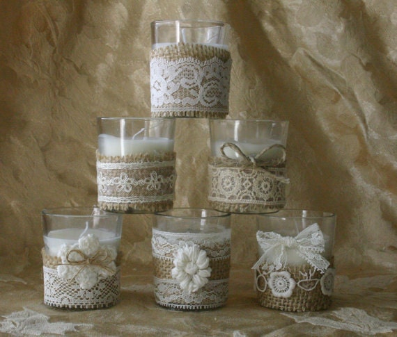 Items similar to WEEKEND SALE Burlap and lace wedding tea candles