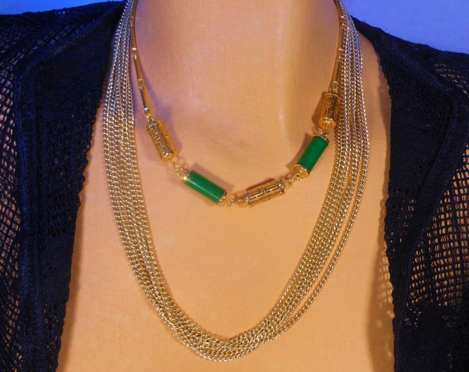 Sarah Coventry necklace, Faux Jade named Oriental Lanterns faux jade green tubes and gold filigree tubes on a chain, 1978 book piece