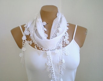 White Bridal Scarf Wedding Shawl, Cotton Scarf, Cowl with Lace Edge Flowers
