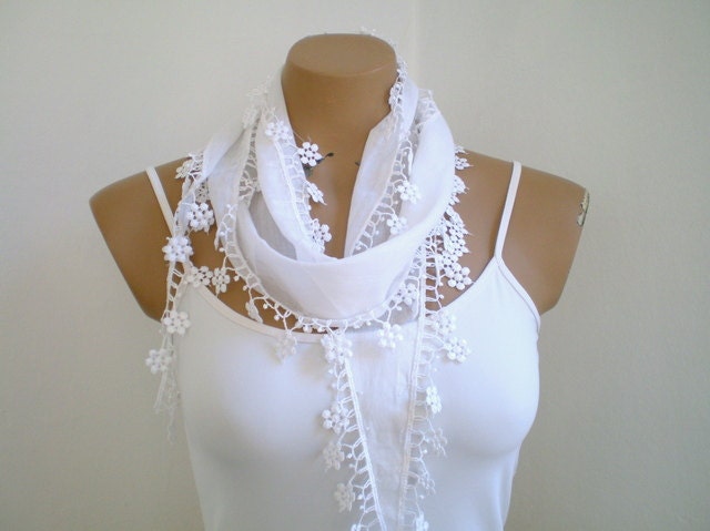 White Bridal Scarf Wedding Shawl Cotton Scarf Cowl with Lace