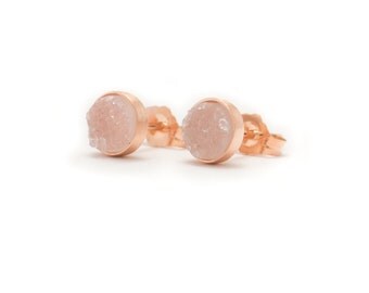 Pale Pink Druzy in Rose Gold Stud Earrings - 24k Rose Gold Vermeil - 6mm Round - Light Pink Drusy Quartz Studs