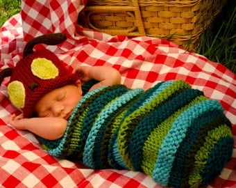 MADE TO ORDER -- Hand Knit Caterpillar Costume Baby Outfit - Great Shower Gift