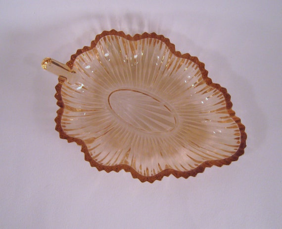 Nappy Dish Pink Peach Depression Glass Leaf Shaped Ribbed