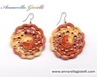 Crochet earrings, brown, silver, round, vintage style, golden, cotton, thread, jewelry, etsy style, fashion style #E182