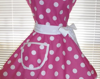 Retro Apron Fuchsia and White Polka Dots Circular Skirt
