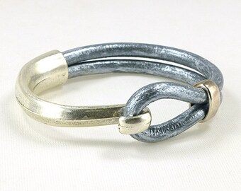 Metallic Leather Silver Cuff Bracelet, Leather and Silver Bracelet Cuff, Silver Hook Leather Cuff Bracelet, Silver and Silver Hook Bracelet