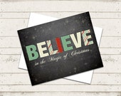 Merry Christmas Greeting Card - Believe in the Magic - Vintage/Blackboard - 5.5"X4.25" - Typography- Folded Card Il_170x135