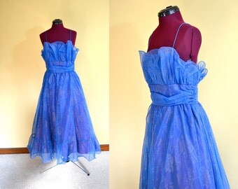 ON SALE 1980s Vintage JC Penney Blue Glitter Flower Prom Party Dress ...