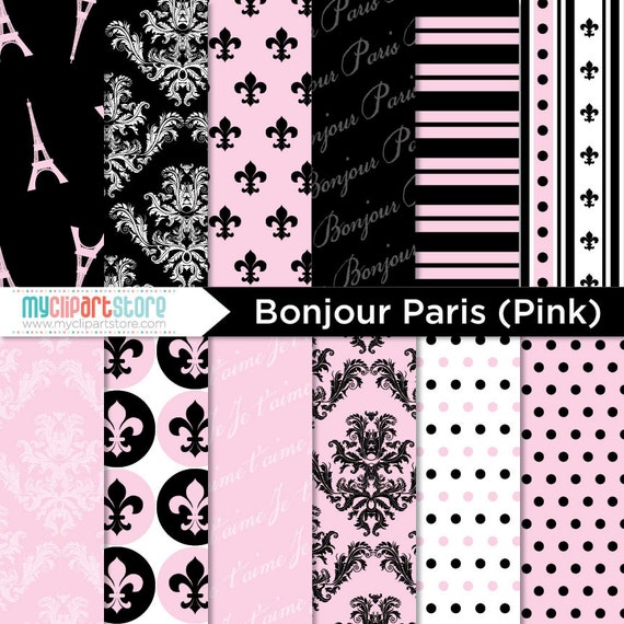 Digital Paper - Bonjour Paris (Pink), Scrapbook Paper, Digital Pattern, Commercial Use, JPEG, PDF Il_570xn