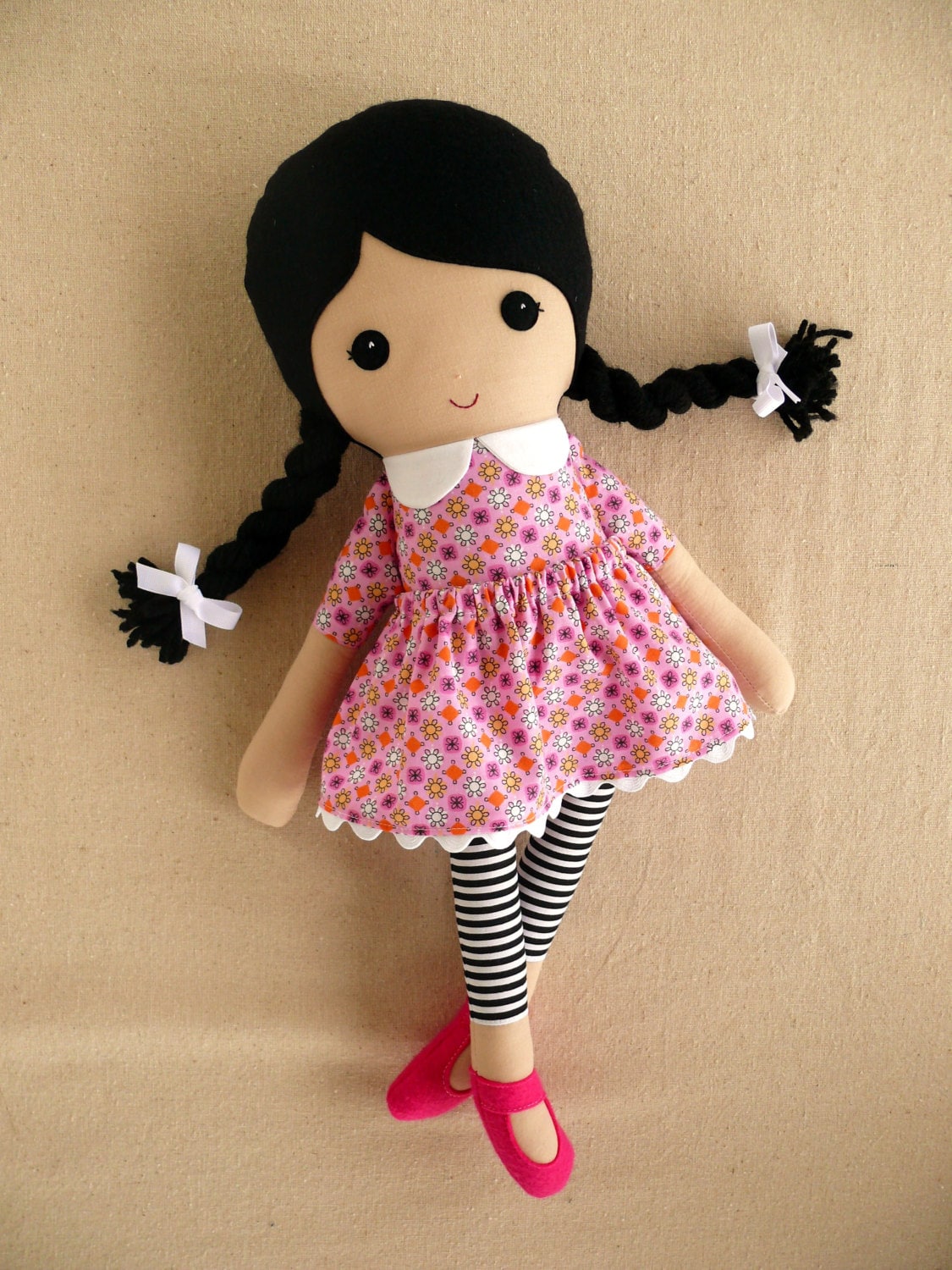 Fabric Doll Rag Doll Black Haired Girl In Pink Print Dress