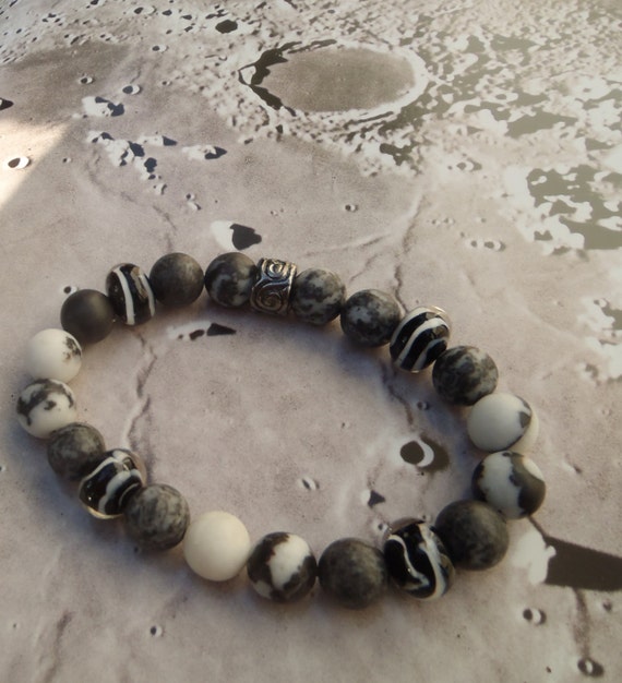 Items similar to Mens Unisex Beaded Zebra Stone Stretchy Bracelet Black