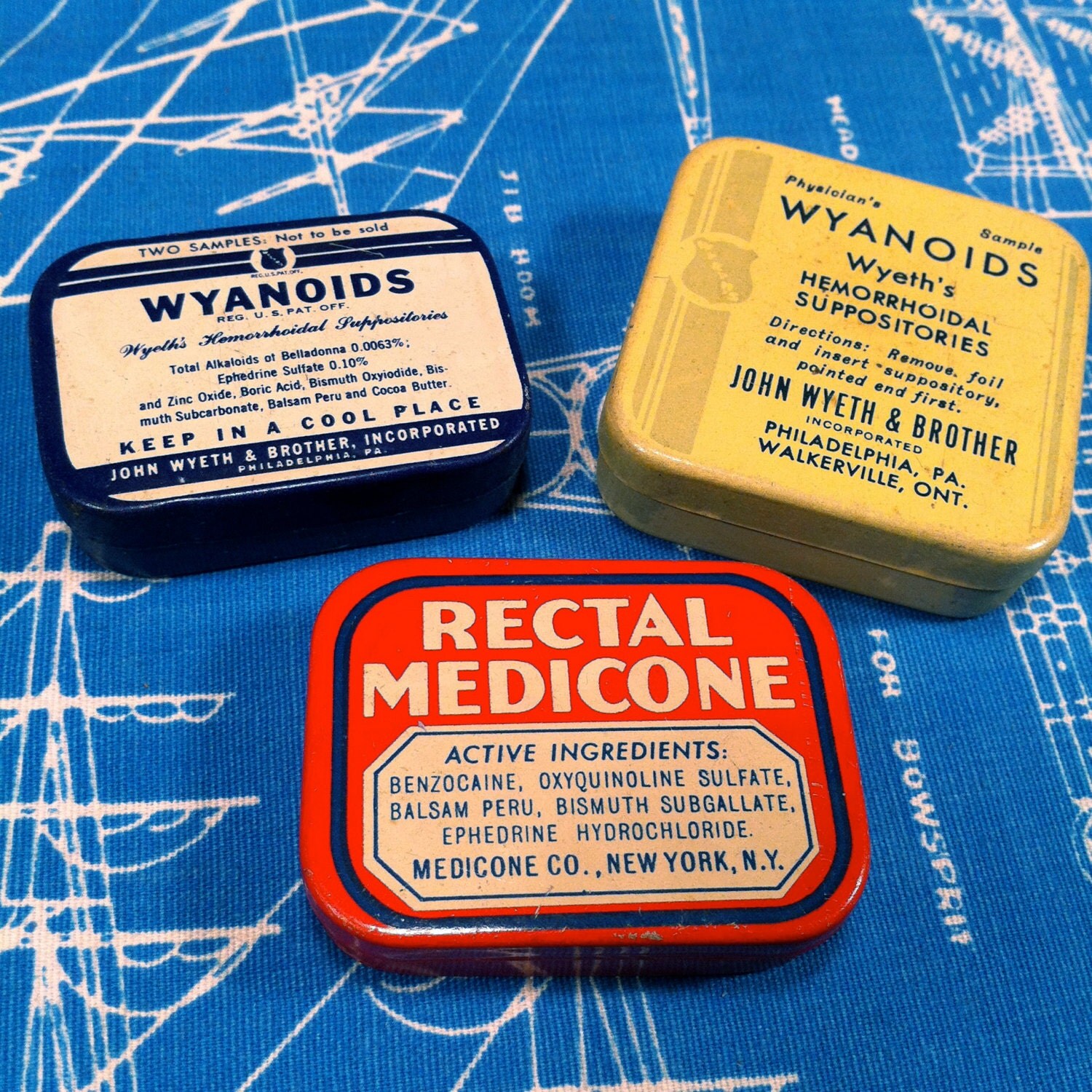 3 Vintage Medical Advertising Tins Rectal Medicone and