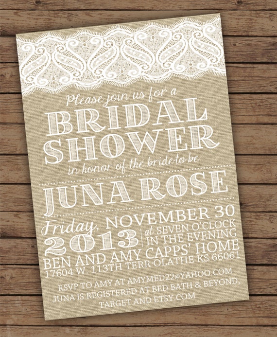 Burlap and Lace Bridal Shower Invitations by OliveJuiceStationery