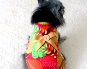 Fleece Small Dog's Coat, Custom Order, with Vivid Multicolored Tropical Leaf Print w/Bow and Button Trim Pomeranian