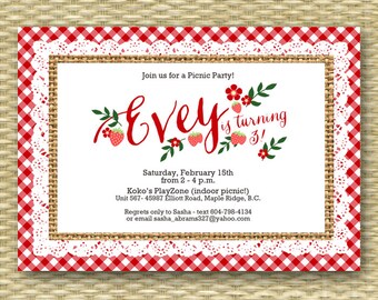 1st Birthday Invitation Birthday Picnic Party First Birthday Summer Picnic Strawberry Picnic Party Invitation, Any Colors