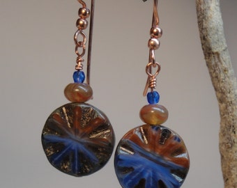Vivid blue and orange Czechoslovakian dangle earrings