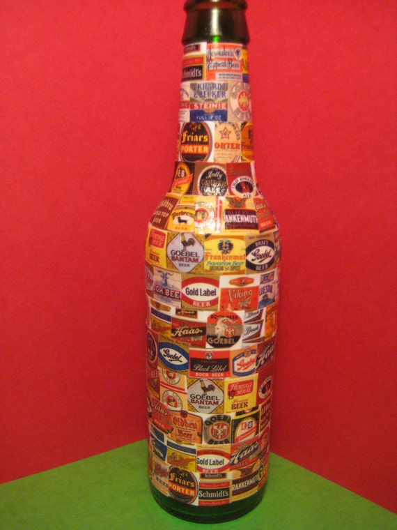 Upcycled BEER Bottle covered in Decoupage of Beer Labels