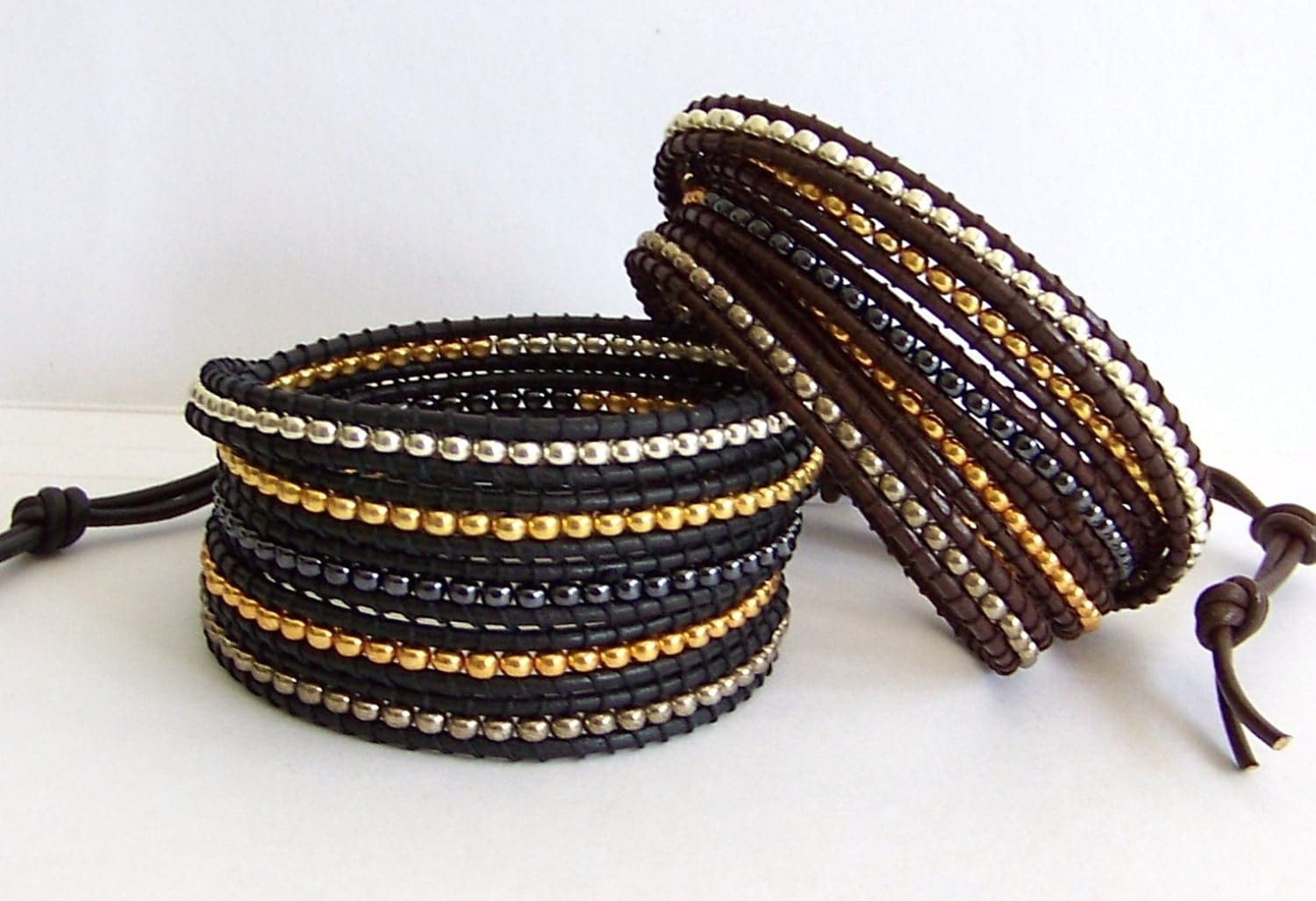 Beaded Leather Wrap Bracelet Mixed Metal Miyuki Bead