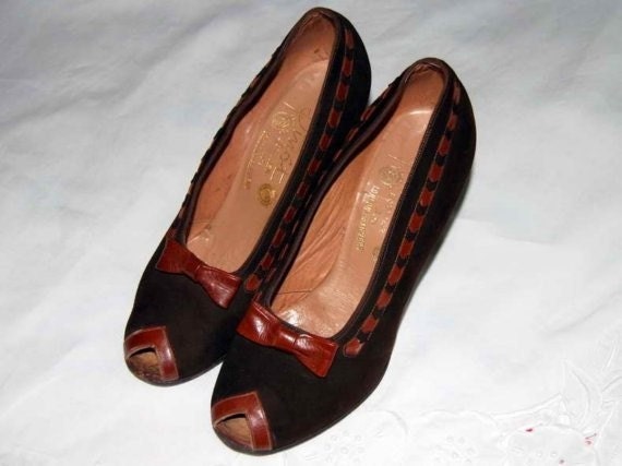 Vintage 1940s French Peep Toe High Heel Shoes Size 6/6.5