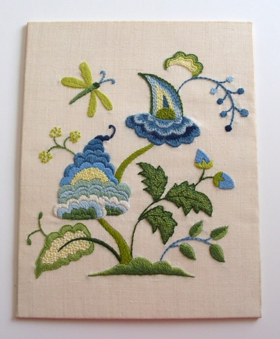 Stunning vintage crewel embroidery folk art flowers 11