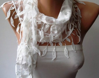 White Lace Scarf Shawl Laced Fabric and Lace Trim Edge Gift for Her Women Accessories Mothers Day