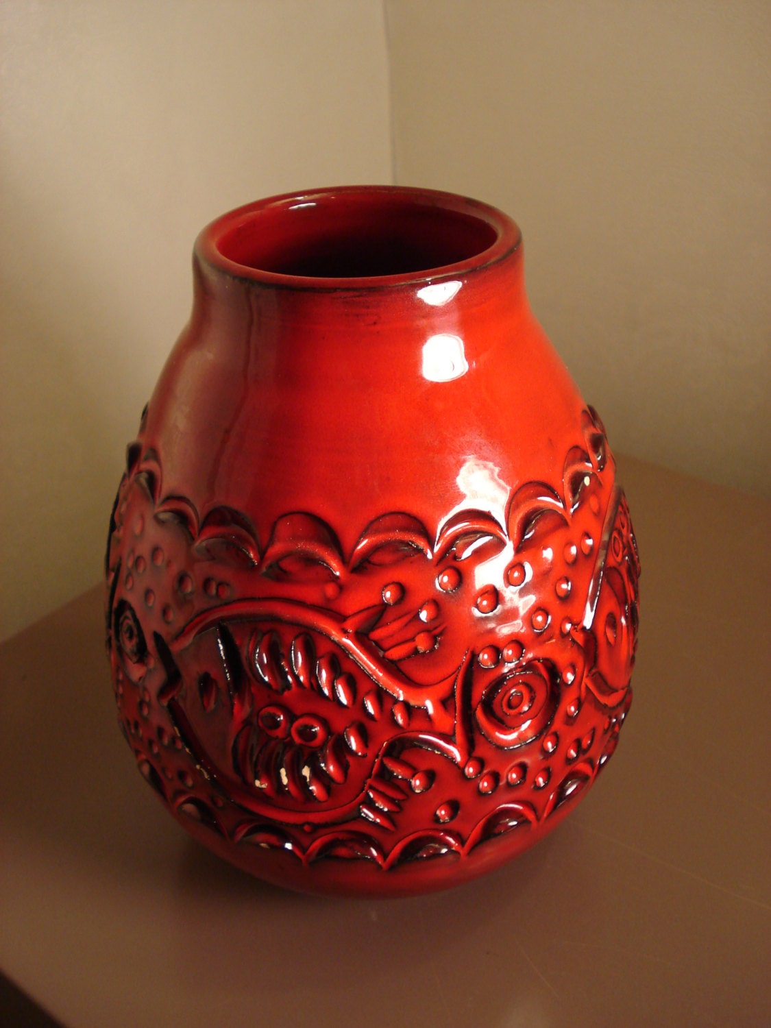 Mid Century Italian Red Glazed Pottery Vase with Fish Motif