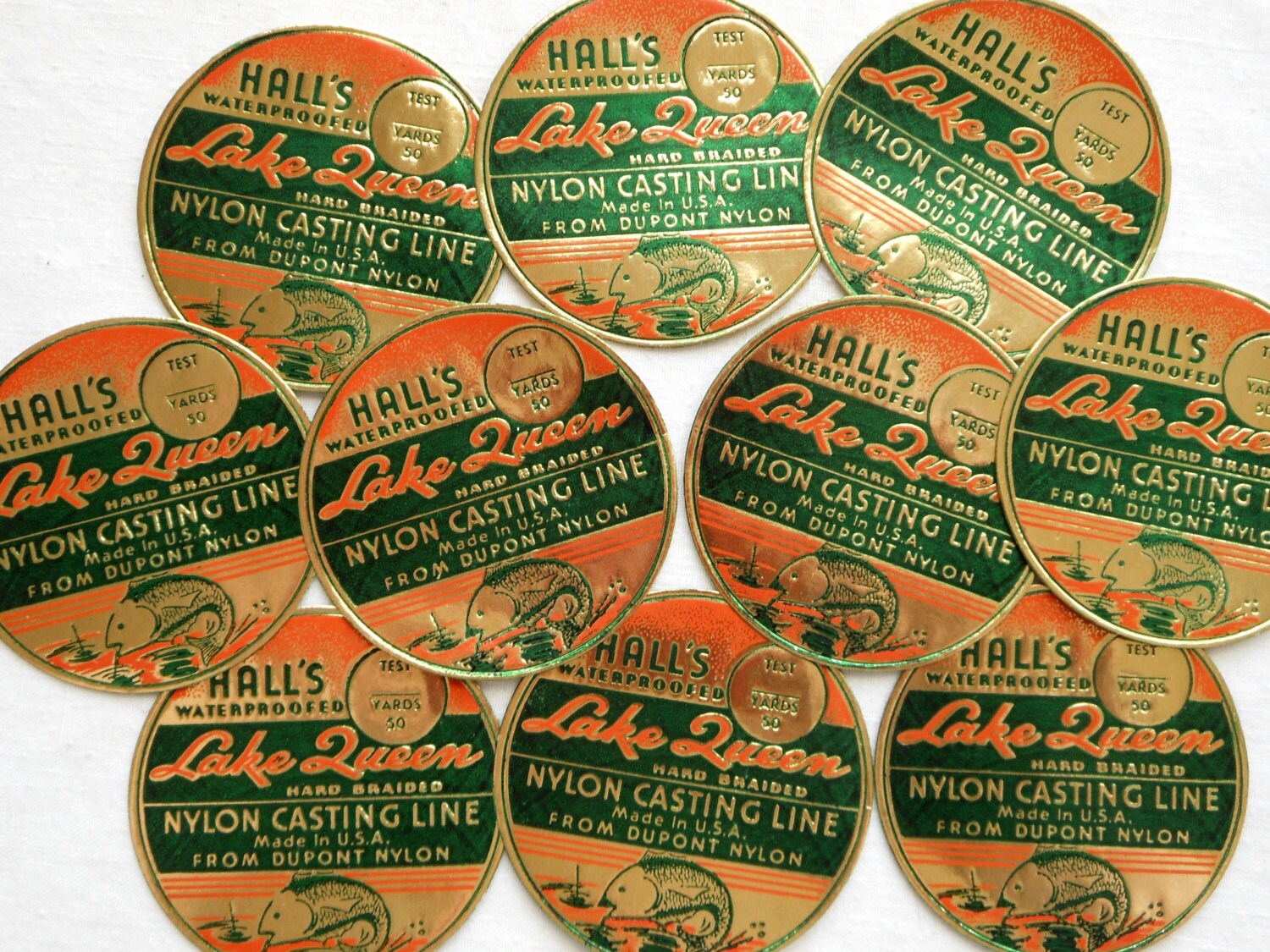 Vintage Fishing Line Labels Rare 1940s Embossed Orange
