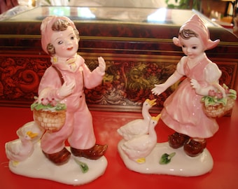 Vintage Dutch Boy and Girl with Geese Pink