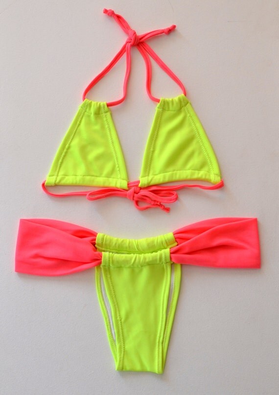 Items similar to Neon pink and neon green bikini top & bottom swimsuit ...