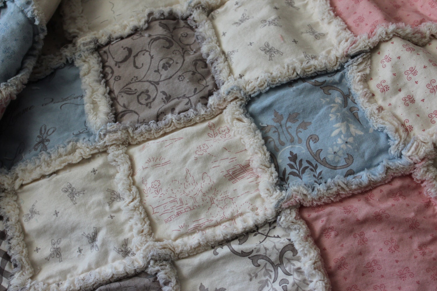 French country baby girl rag quilt in pink blue cream