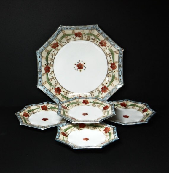 Antique Nippon Porcelian Berry Bowl Set Hand Painted Nippon