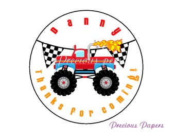 20 Personalized Monster Truck favor Stickers monster truck Party Favors Round Labels monster truck Return address label