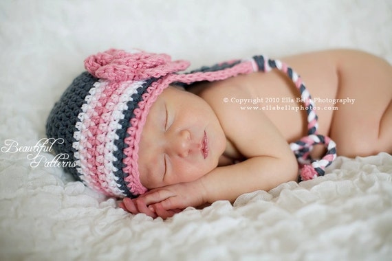 newborn pattern beanie flower with crochet Beanie Crochet Hat Triple Pattern Hat Crochet Earflap with Flower Baby