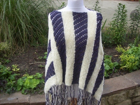 Cream and Puple Poncho Hand knitted - One of a Kind - Womens - Acrylic Wool mix