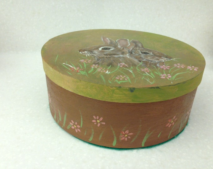 Bunnie Box - 8" Diameter Round Wood Box with Lid - Painted in Acrylics for Easter & Spring