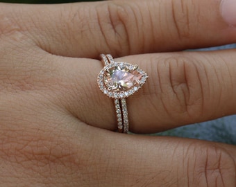 morganite engagement ring diamond wedding ring set in 14k rose gold 9x6mm pink peach morganite and half diamond eternity band - Teardrop Wedding Ring morganite engagement ring diamond wedding ring set in 14k rose gold 9x6mm pink peach morganite and half diamond eternity band - Teardrop Wedding Ring