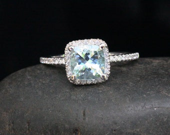 Stunning Aquamarine Ring Engagement Ring in 14k White Gold with Aquamarine Cushion 7mm and Diamonds