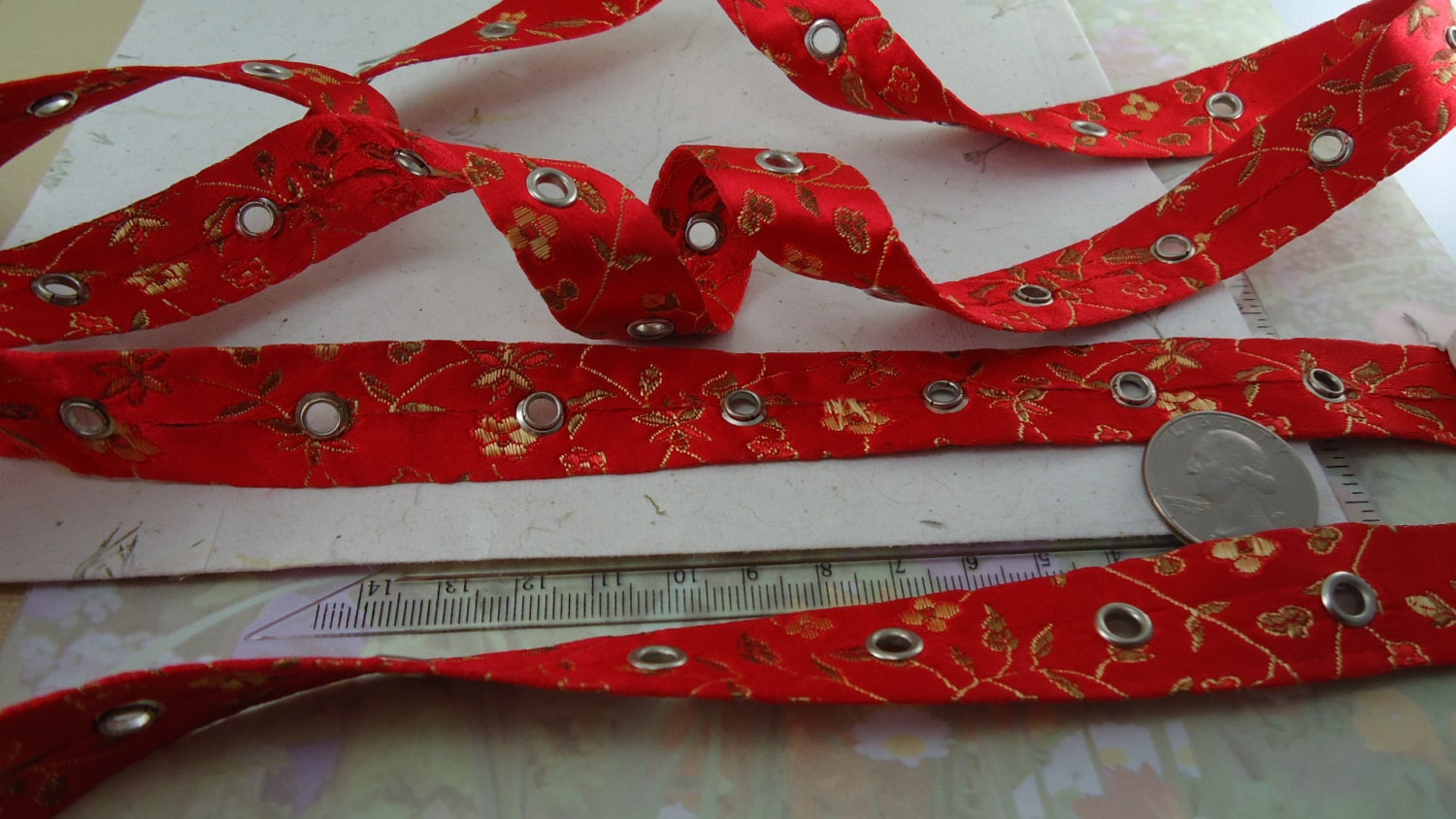 1yd Eyelet Metal Grommet Trim Tape on Double Sided Red Satin