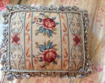 French Country Chic Romantic Tassel fringe trim Petti point needlepoint floral pillow