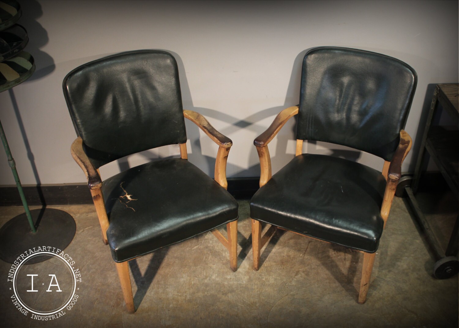 Vintage Industrial Jasper Chair Company Green Leather and Wood