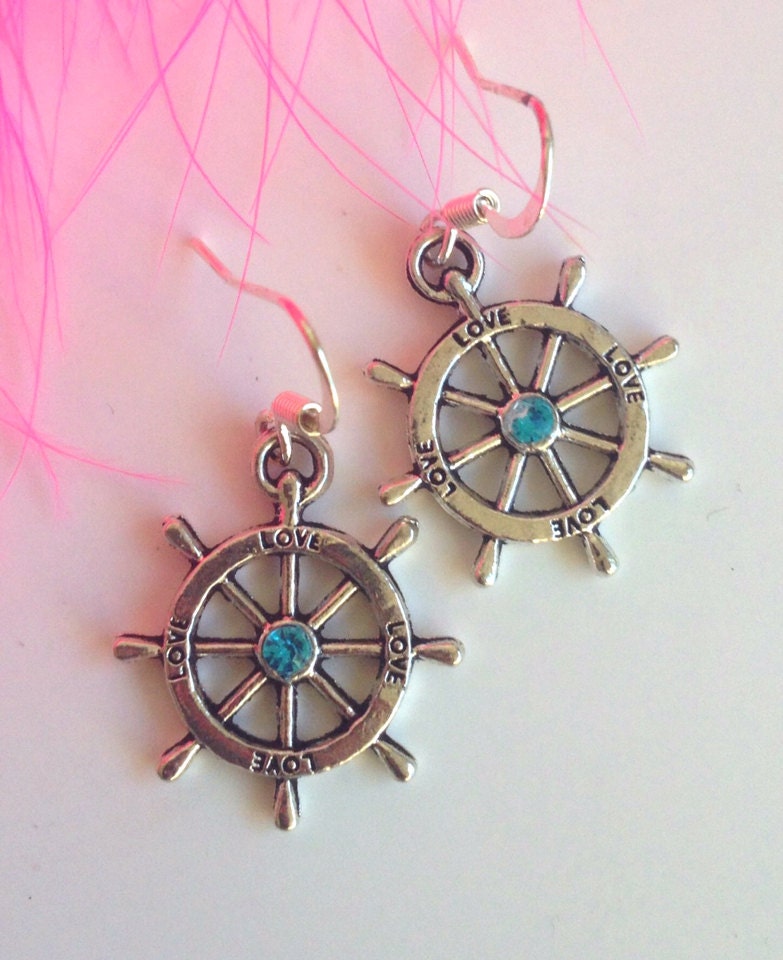 Nautical earrings Rockabilly sailor jewelry Rhinestone ship