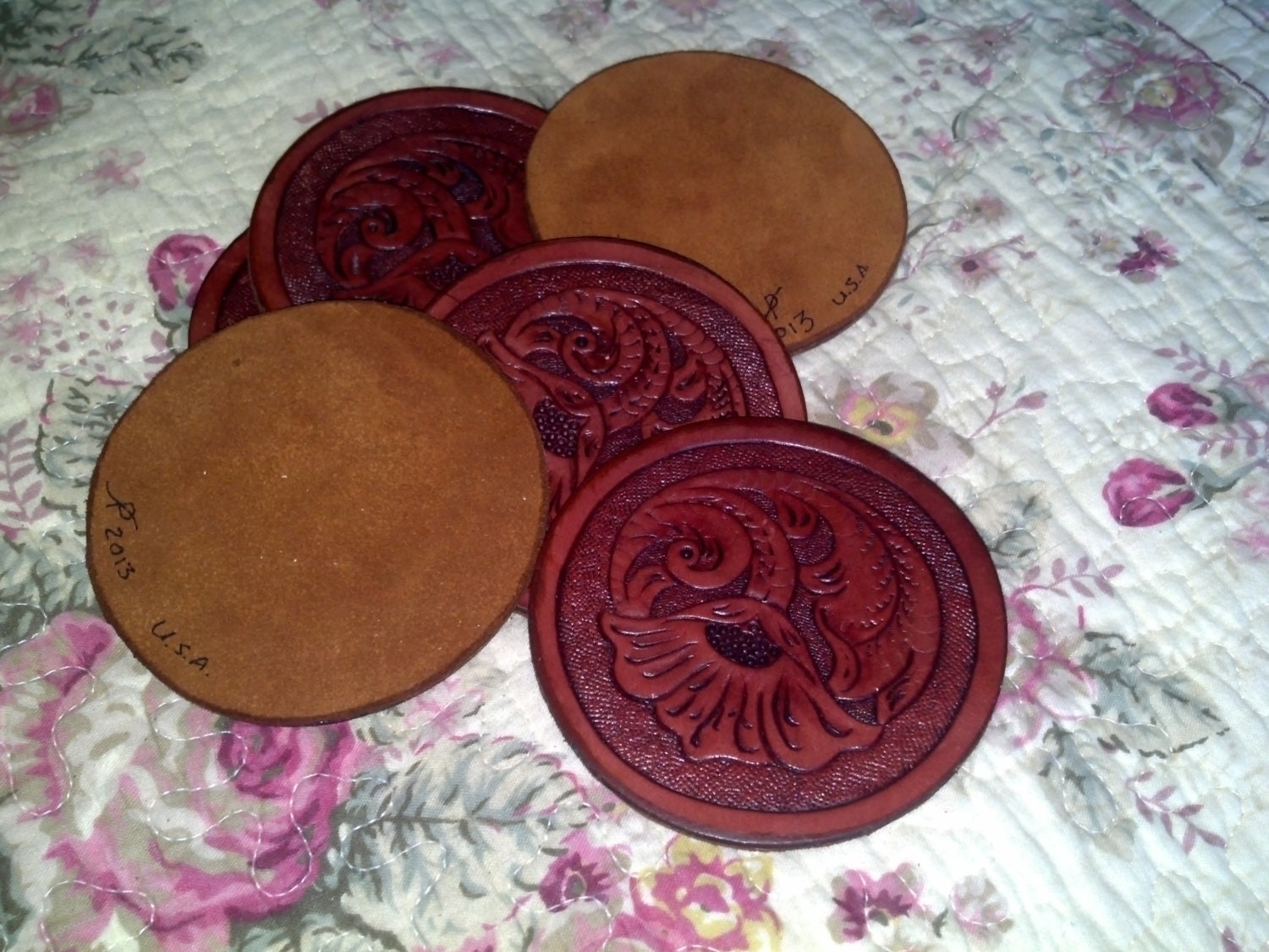 Leather Coasters Carved Western Floral Design by pajtleather