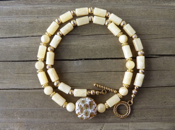 Aragonite and Calcite Natural Gemstone/Stone with Hand-blown Glass Focal Beaded Necklace - 'Peace'