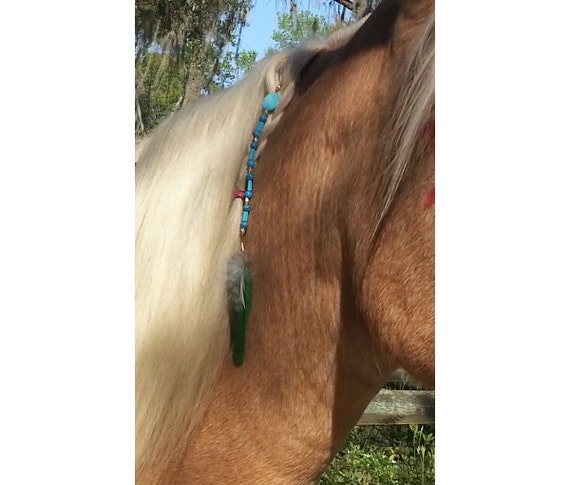 Feathers and Turquoise Equine Mane Dangler  by MyBuddyBling