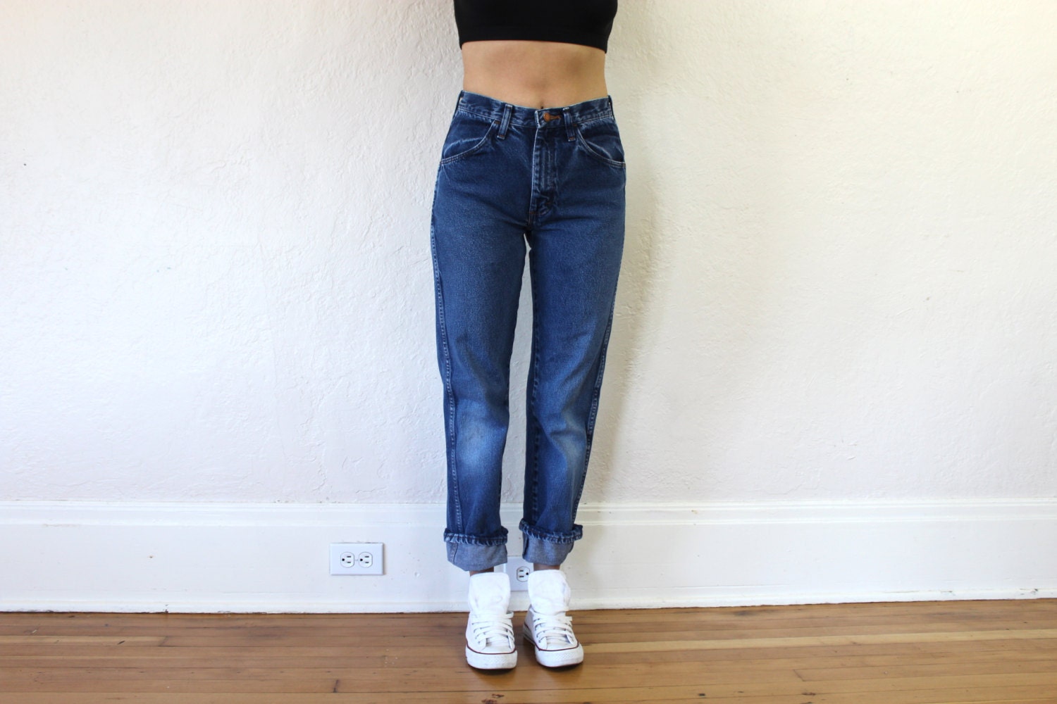 Boyfriend jeans high waisted Brigitte Transcend Vintage High Waist Crop Boyfriend Jeans, Size 23 - Blue $ $ A sleek pair in a dark wash with contrasting cuffed hems and a high waisted finish.