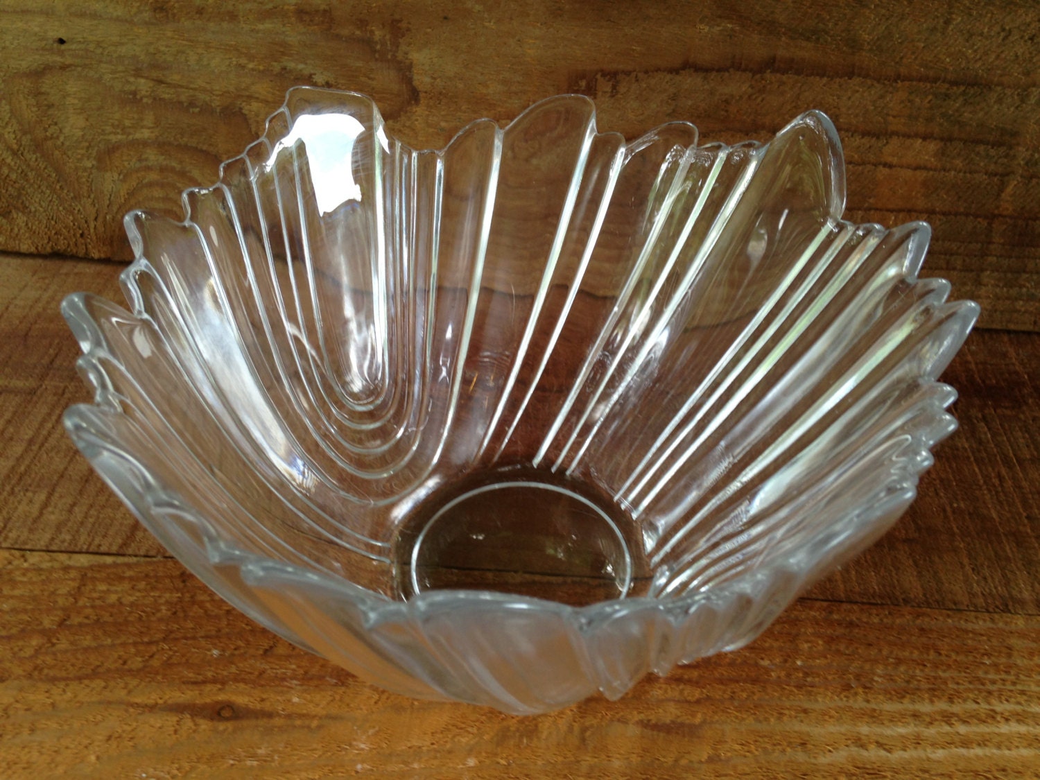 Large Stretched Glass Petal Bowl Vintage Ribbed & Scalloped Glassware