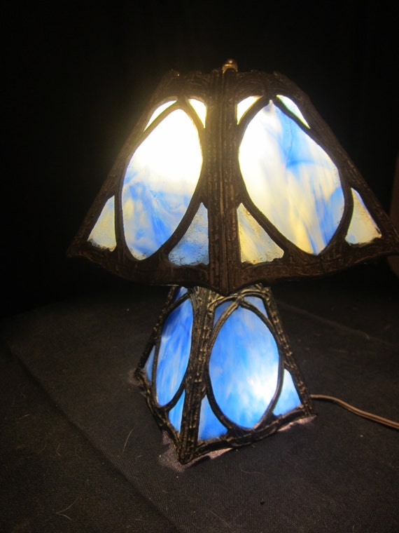 Vintage Antique Art Deco Nouveau Blue Slag Glass Lamp