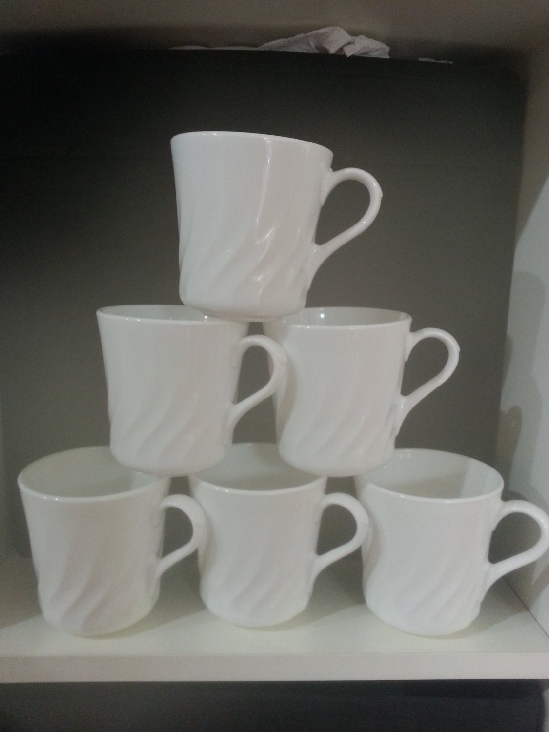 Set of 6 Corelle White Swirl Coffee Mugs Vintage IT353