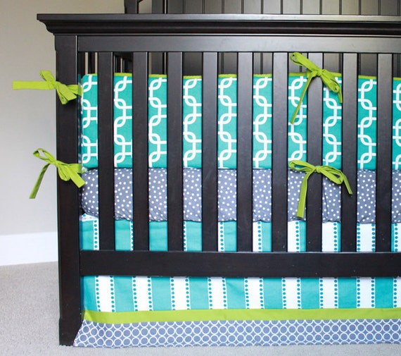 Items similar to Custom Crib Bedding Lime Green, Grey and Turquoise